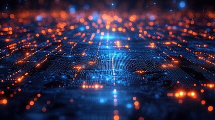 Poster - Abstract glowing circuit board with orange and blue lights, digital technology background.