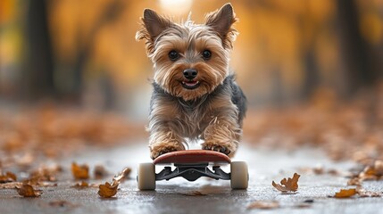 Poster - Adorable Yorkshire Terrier puppy riding a skateboard in an autumn park.