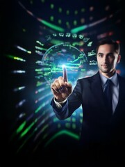 Aufkleber - A businessman in a suit and tie interacts with a holographic display showing graphs and data.
