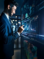Aufkleber - A businessman smiles as he gestures toward a large screen displaying financial data.