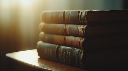 Poster - A Stack of Antique Leather Bound Books in Sunlight