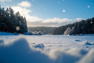 Poster - A serene winter landscape featuring snow-covered fields and evergreen trees under a clear blue sky with gentle snowfall.