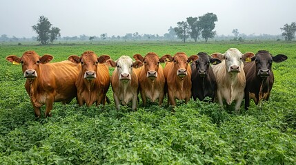 Poster - Eight cows of various colors stand in a row in a lush green field, looking directly at the camera.