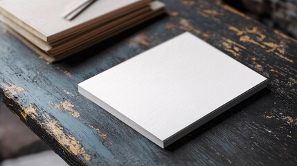 Poster - Stack of blank paper sheets resting on rustic wooden table