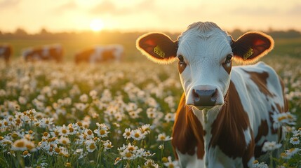 Poster - Young calf standing in a chamomile field at sunset.