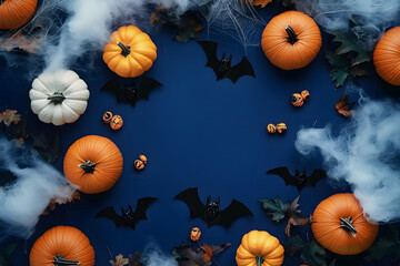 Canvas Print - halloween party background from pumpkins, bats, spider web top view. happy halloween holiday greetin