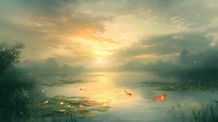 Wall Mural - Serene sunset over calm lake with three koi fish swimming amidst lily pads.