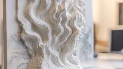 Poster - Modern white ceramic sculpture with flowing, wavy design in an art studio