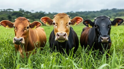 Wall Mural - Three cows of different breeds stand in a lush green pasture, looking directly at the camera.