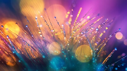 Poster - Close-up view of glowing fiber optic threads showcasing futuristic technology background with vibrant light streaks, high-tech connectivity, and super macro details for innovative digital design conce