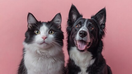 Wall Mural - A tuxedo cat and a border collie dog sit side-by-side against a pink background.