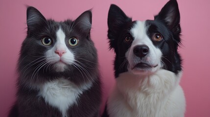 Poster - Close-up portrait of a fluffy grey and white cat and a black and white border collie dog sitting side-by-side against a pink background.