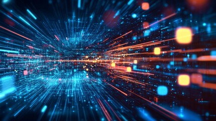 Poster - Dynamic flowing speed lines technology background featuring futuristic motion effects with vibrant blue and digital stream elements, perfect for high-tech concepts, innovation themes, and modern abstr
