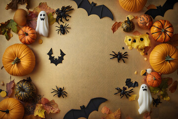 Wall Mural - Halloween holiday frame with party decorations of pumpkins, bats, ghosts, spiders on golden background top view. Happy halloween greeting card in flat lay style.