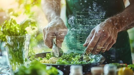 Close-up of a man's hands preparing a healthy meal, merged with an image of nutritional information, highlighting balanced diet.[men’s]:[health] 