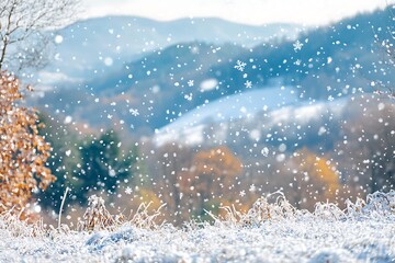 Poster - A serene winter landscape featuring falling snowflakes over a mountainous background, creating a peaceful and picturesque scene.