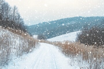 Poster - A serene winter landscape with snow-covered hills and a snowy path, creating a tranquil, picturesque scene.