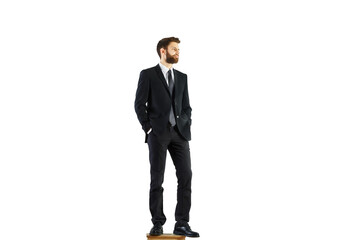 Poster - A man in a formalsuit with a tie, standing confidently on a white background. Professional attire concept, isolated and clean design