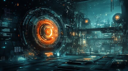 Poster - background featuring abstract digital interface with glowing neon lines, high-tech circuit patterns,