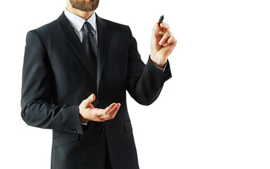Fototapete - A man in a suit holding a marker, gesturing with his other hand, isolated on a white background. Concept of business, presentation, and professionalism