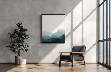 Poster - A modern, minimalistic interior featuring a cozy chair, a potted plant, and an abstract mountain painting, illuminated by natural light through large windows.