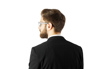Poster - Rear view of a man in aformal suit and glasses, on an isolated white background, suitable for business or professional concepts