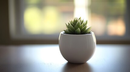 Poster - Green succulent plant in a white pot sits on a table