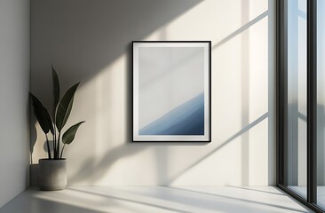 Poster - A modern interior featuring a minimalist art piece, natural light, and a potted plant, creating a serene and stylish atmosphere.