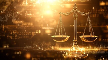 Poster - golden scales of justice on a futuristic technology background featuring abstract digital elements, 