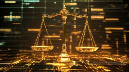 Poster - golden scales of justice on a futuristic technology background featuring abstract digital elements, 
