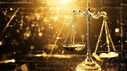 Poster - golden scales of justice on a futuristic technology background featuring abstract digital elements, 