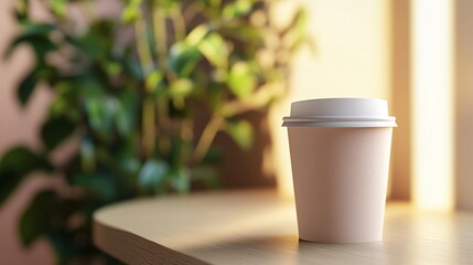 Wall Mural - Disposable paper coffee cup sitting on a cafe table with plants in the background