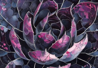 Poster - Stunning Close-up of a Vibrant Succulent with Deep Purple and Pink Color Hues Showcasing Intricate Leaf Patterns and Textures in a Nature-Themed Background