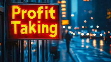Poster - Neon Profit Taking Sign on Street with Urban Night Background for Business Concept