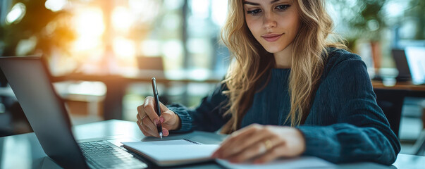 Poster - Woman Planning and Studying with Digital Tablet and Notebook in Modern Workspace