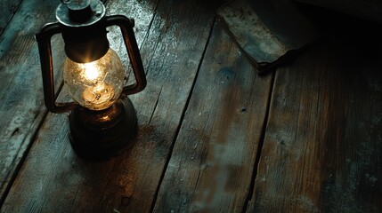 Aufkleber - Illuminated Lantern on Rustic Wooden Surface