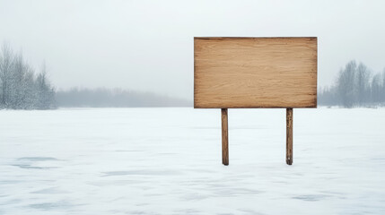 Wall Mural - wooden sign placed on frozen lake on misty winter day, offering space for your message