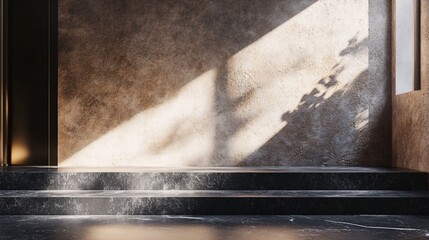 Poster - Sunlight illuminating empty marble stairs in modern minimal interior design