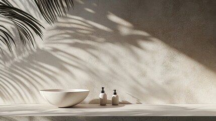 Aufkleber - Minimal product placement background with palm shadow on plaster wall. Interior aesthetics of luxury summer architecture. Creative boho concept, scene layout for home product. 