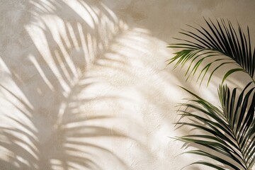 Aufkleber - Minimal product placement background with palm shadow on plaster wall. Interior aesthetics of luxury summer architecture. Creative boho concept, scene layout for home product. 