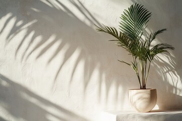 Aufkleber - Minimal product placement background with palm shadow on plaster wall. Interior aesthetics of luxury summer architecture. Creative boho concept, scene layout for home product. 