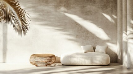 Aufkleber - Minimal product placement background with palm shadow on plaster wall. Interior aesthetics of luxury summer architecture. Creative boho concept, scene layout for home product. 