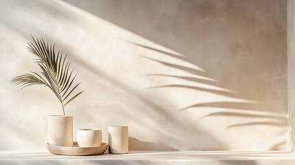 Aufkleber - Minimal product placement background with palm shadow on plaster wall. Interior aesthetics of luxury summer architecture. Creative boho concept, scene layout for home product. 