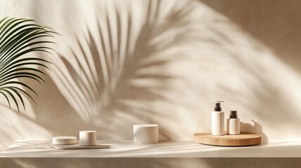Aufkleber - Minimal product placement background with palm shadow on plaster wall. Interior aesthetics of luxury summer architecture. Creative boho concept, scene layout for home product. 