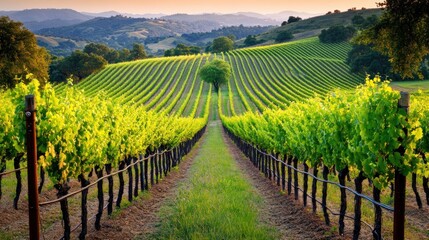 Poster - Vineyard Rows Basking In Sunset Light Rolling Hills