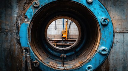 Poster - Industrial Machine Viewed Through Circular Tunnel Opening