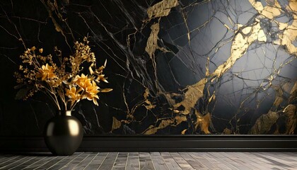 Wall Mural - Abstract Background; the room with wall which has the high-quality black and gold marble wall.