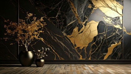 Wall Mural - Abstract Background; the room with wall which has the high-quality material; black-gold marble.