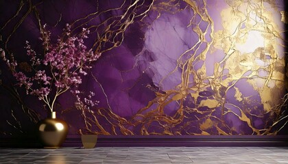 Wall Mural - Abstract Background; the room with wall; purple marble wall and a pot of flower