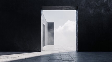 Poster - Empty concrete building with open door showing foggy sky